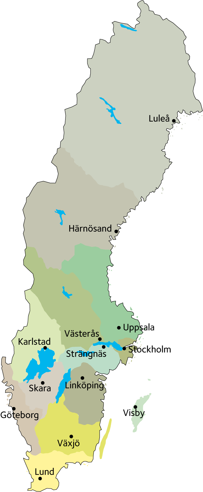 En karta över Sverige, indelad i de tretton stiften .