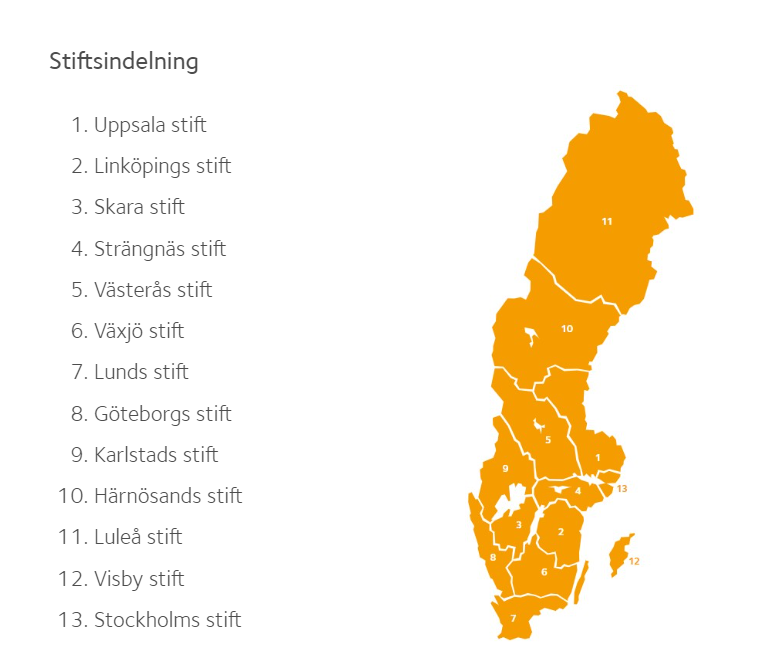 En karta över Sverige indelad i de tretton stiften.