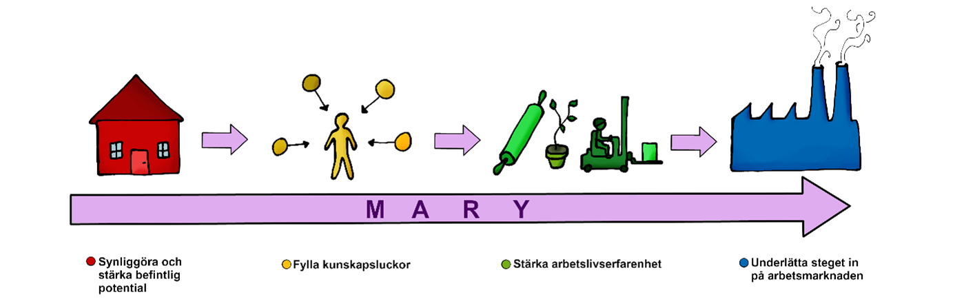 En tecknad bild. En rosa pil märkt Marykedjan. Från vänster ett rött hus, en gul figur med fyra symboler runt i form av bollar, en grön kavel, krukväxt, blomma och truck samt en blå fabriksbyggnad. Under bilderna finns en röd boll märkt synliggöra och stärka befintlig potential, en gul boll märkt fylla kunskapsluckor, en grön boll märkt stärka arbetslivaerfarenheter oche n blå boll märkt underlätta steget in på arbetsmarknaden. .  