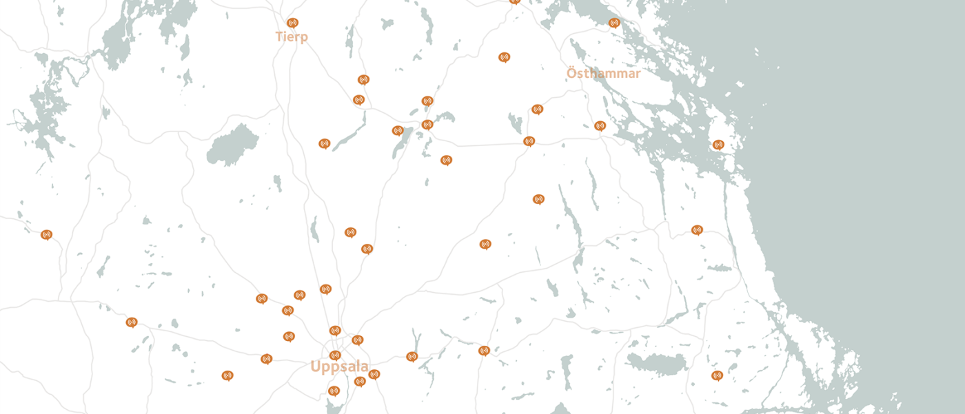 Kartbild över Uppland med markerade platser