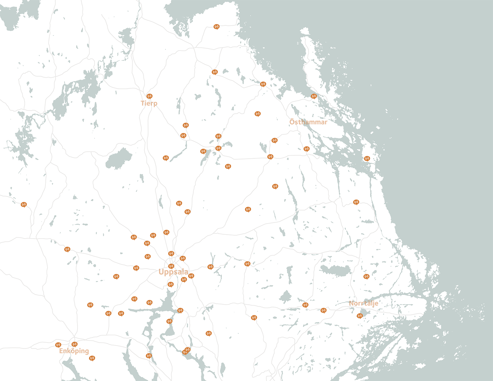 Kartbild över Uppland med markerade platser