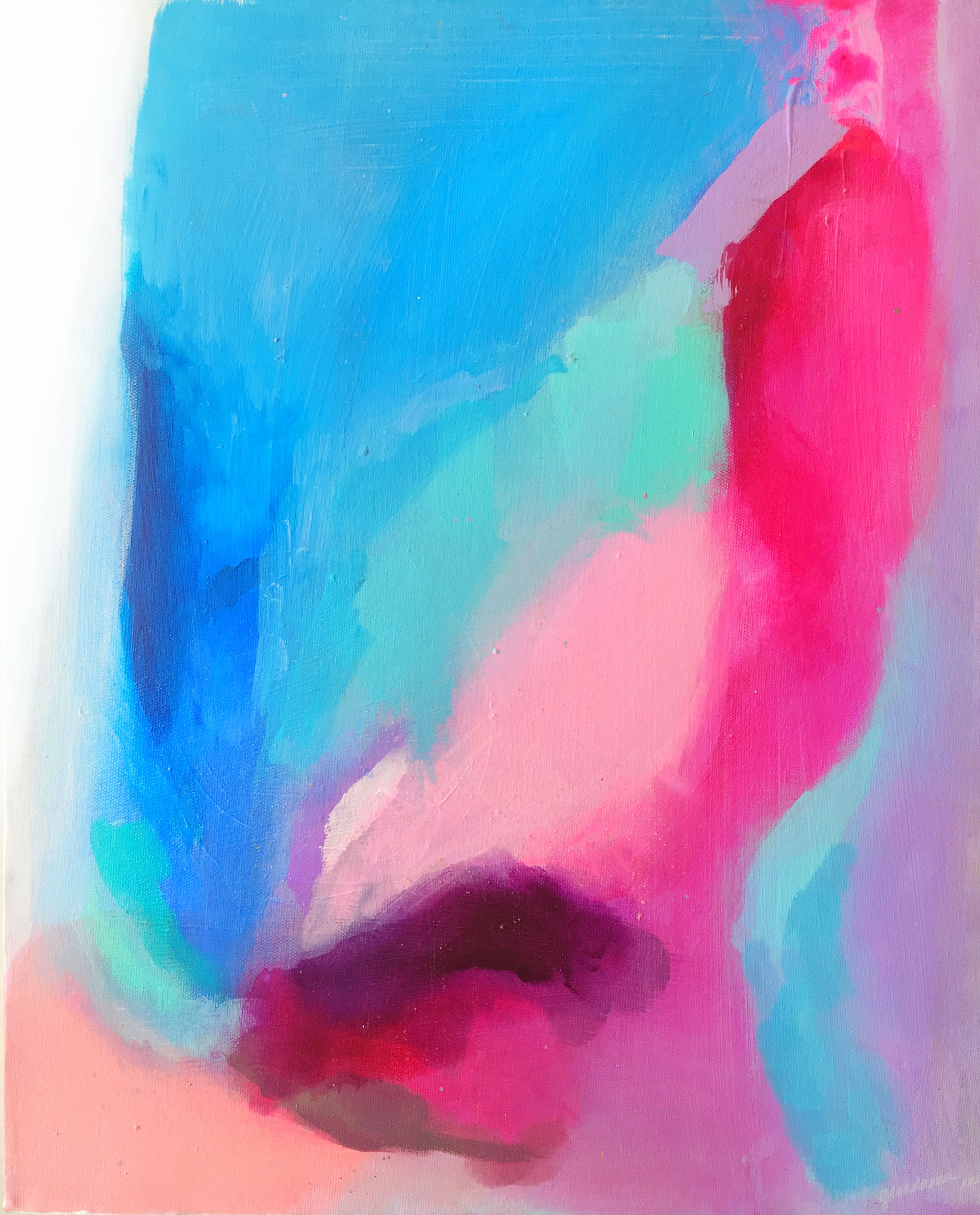 Abstrakt målning med blå och rosa.
