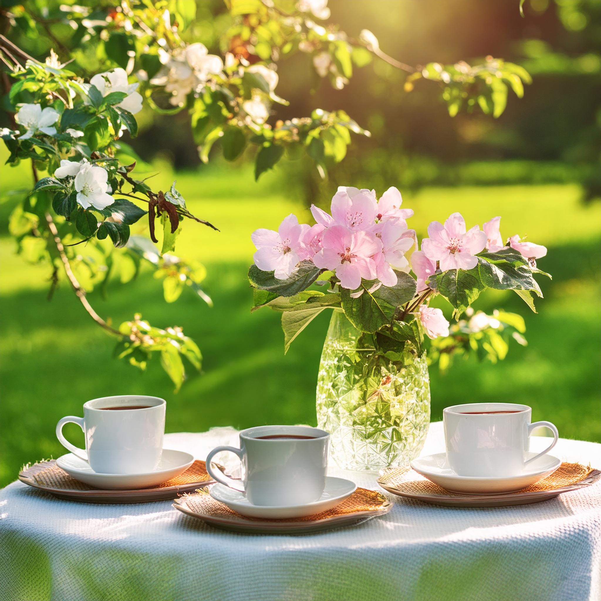 Kaffekoppar i en blomstrande trädgård