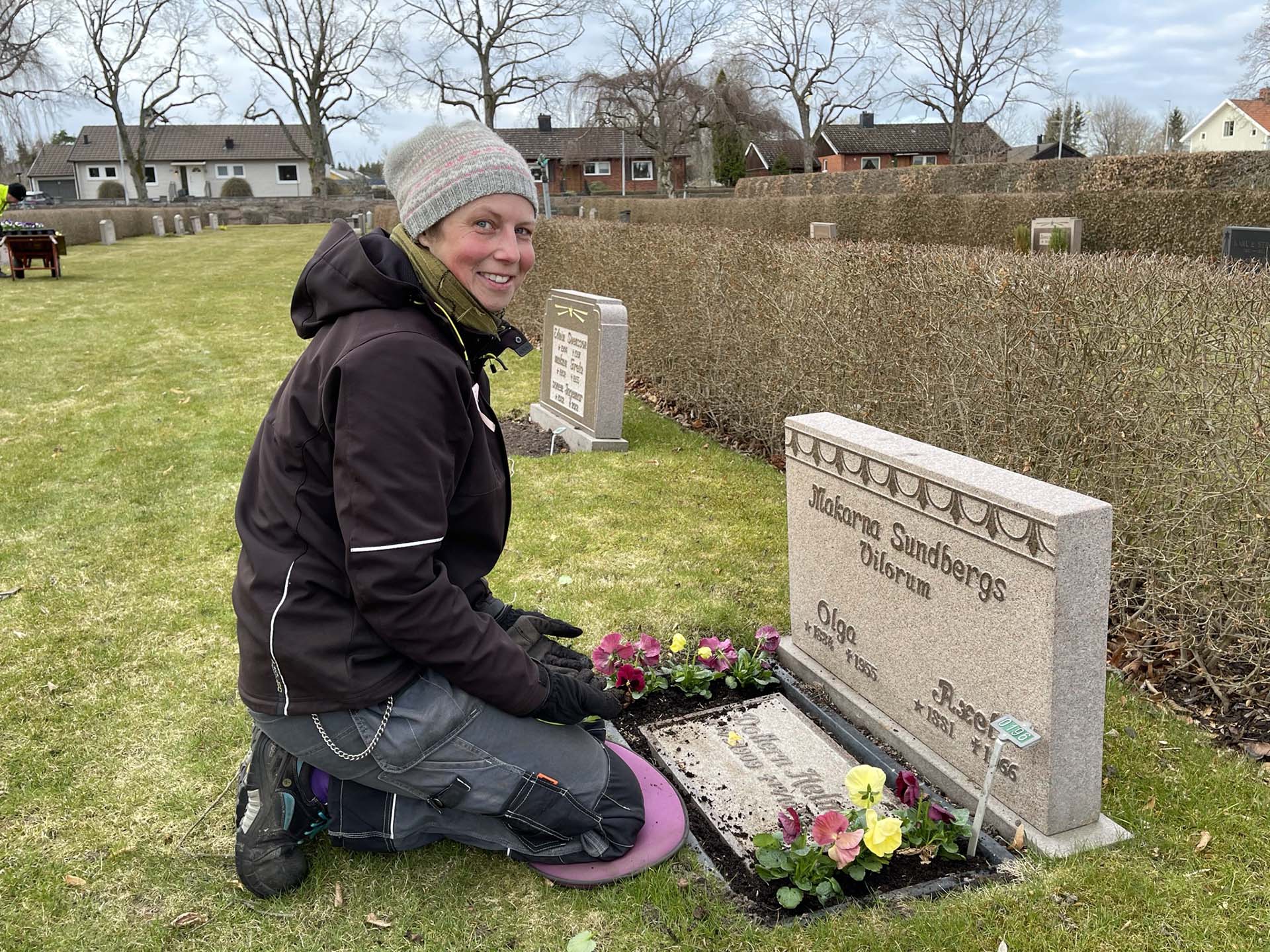 En kvinnlig kyrkogårdsarbetare planerar vårblommor på en grav.