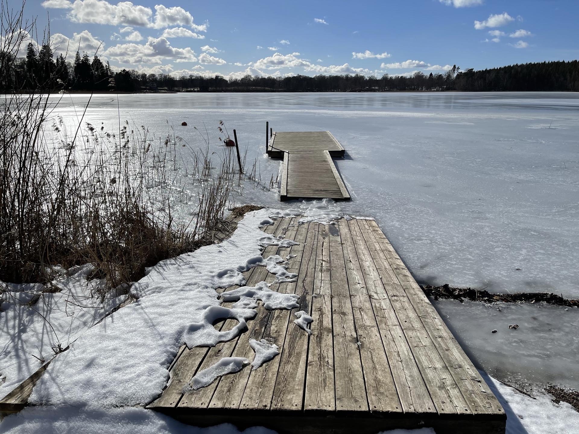 En träbrygga leder ut i en isbelagd sjö.