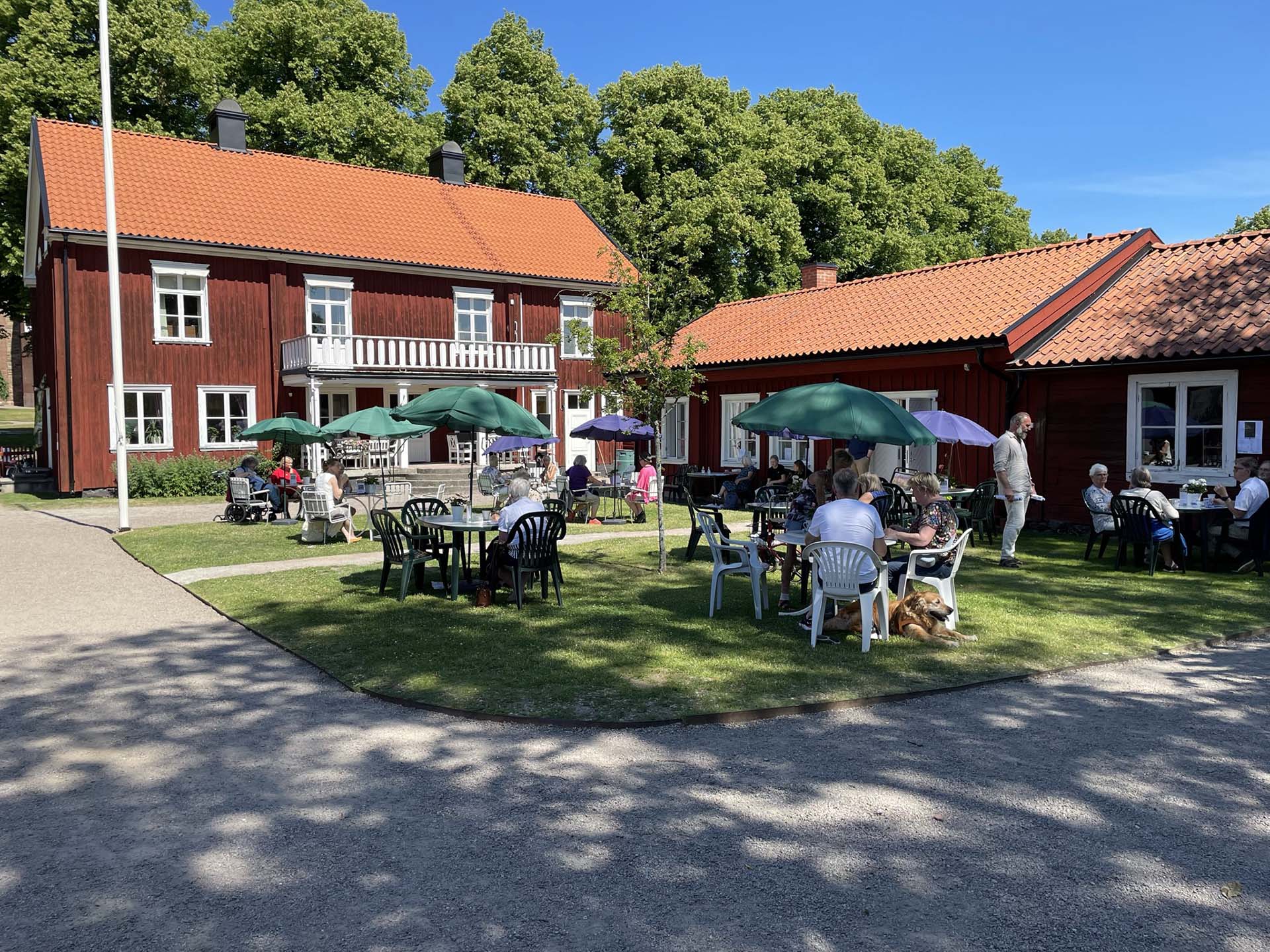 Café i prästgårdsträdgården en solig sommardag.