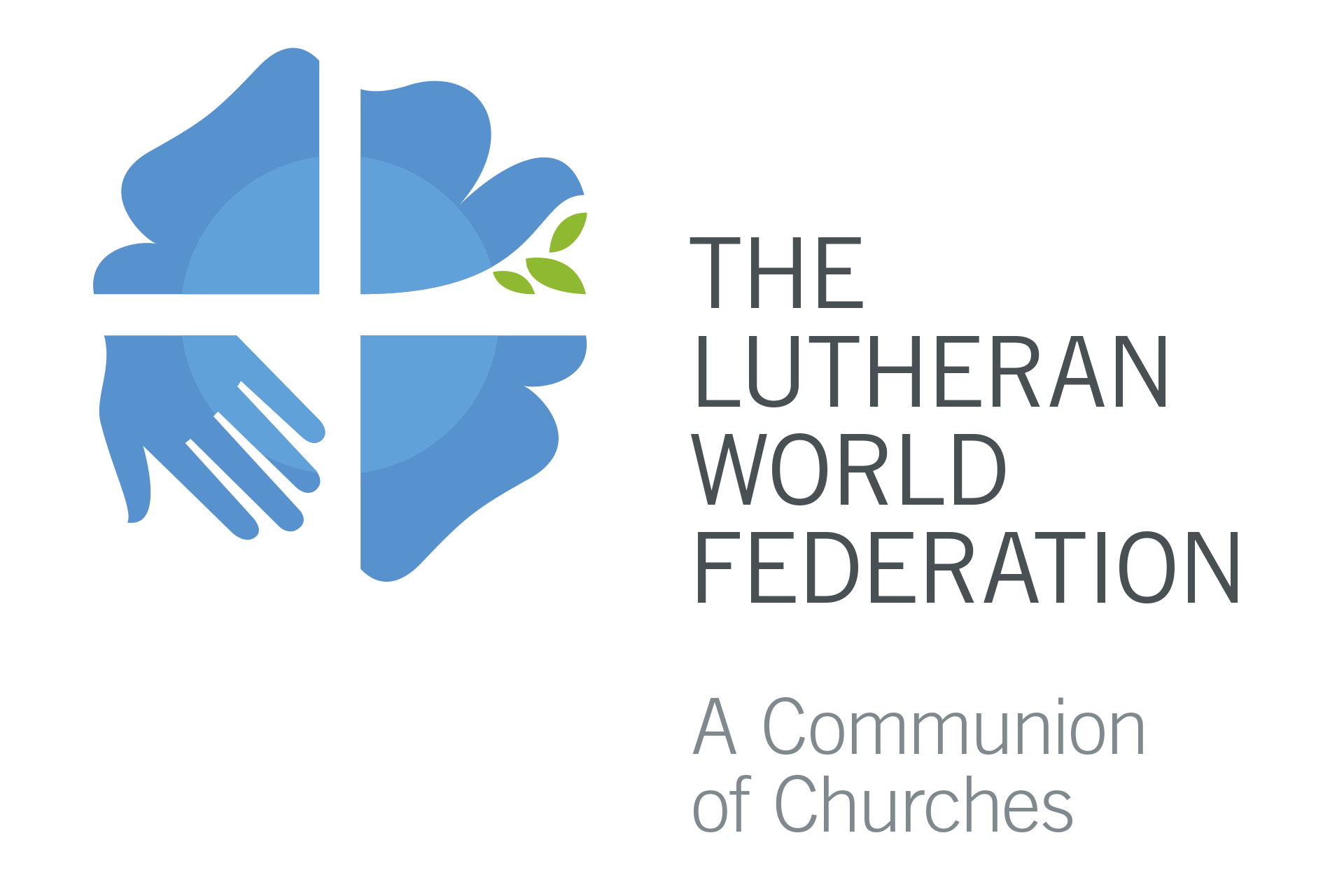 Logotyp för Lutherska världsförbundet. Ljusblå hand, lutherros och en grön kvist.