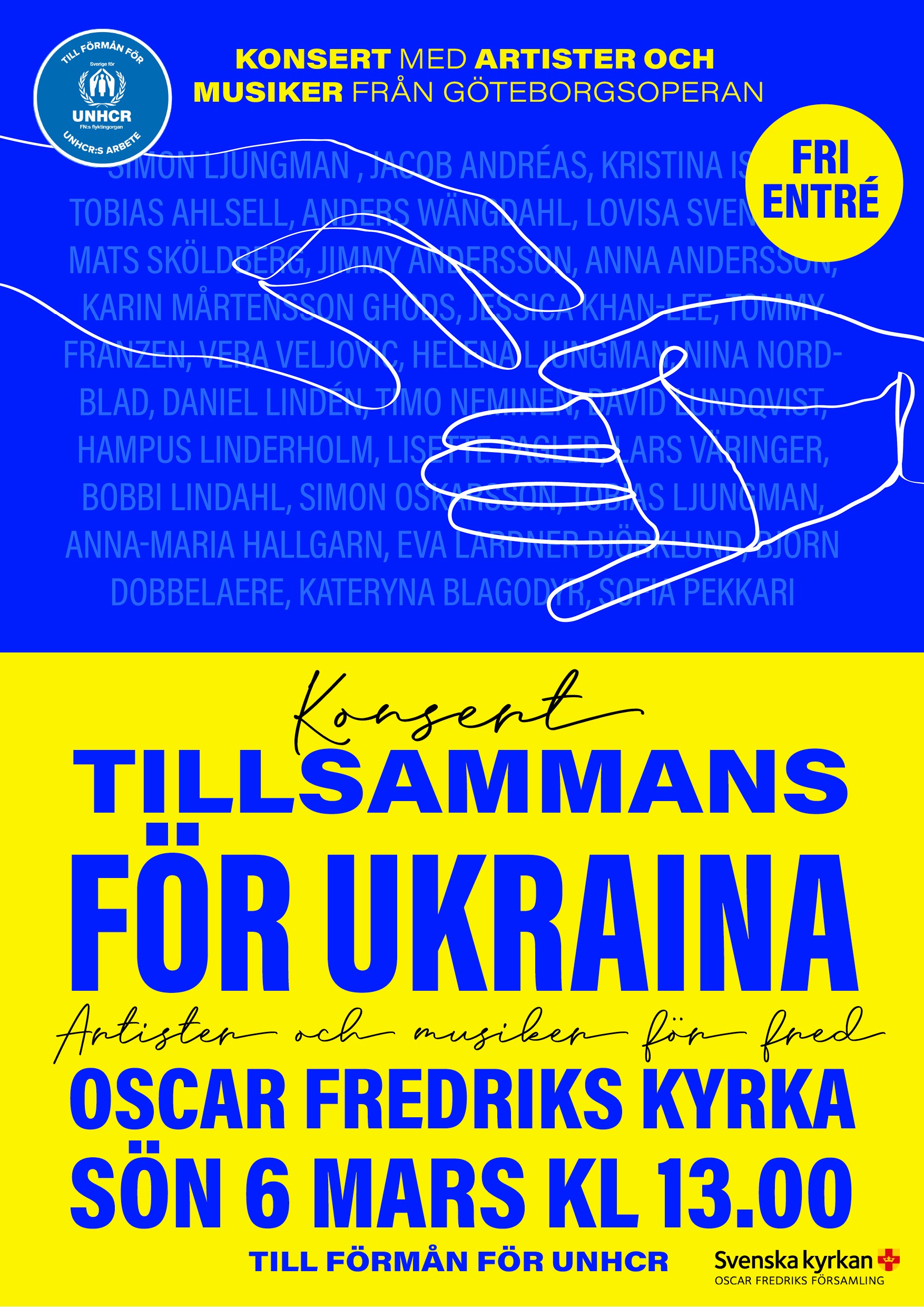 Affisch i Ukrainas flaggas färger blått och gult. Texten: Tillsammans för Ukraina