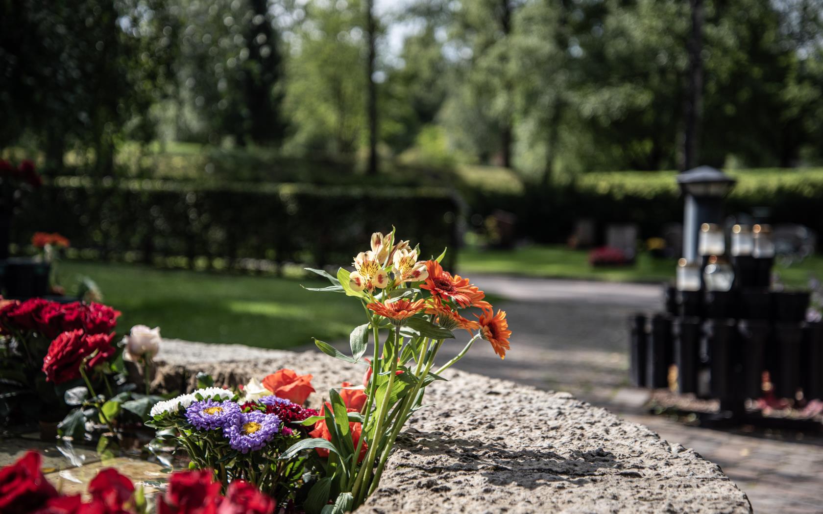 Blommor på en kyrkogård