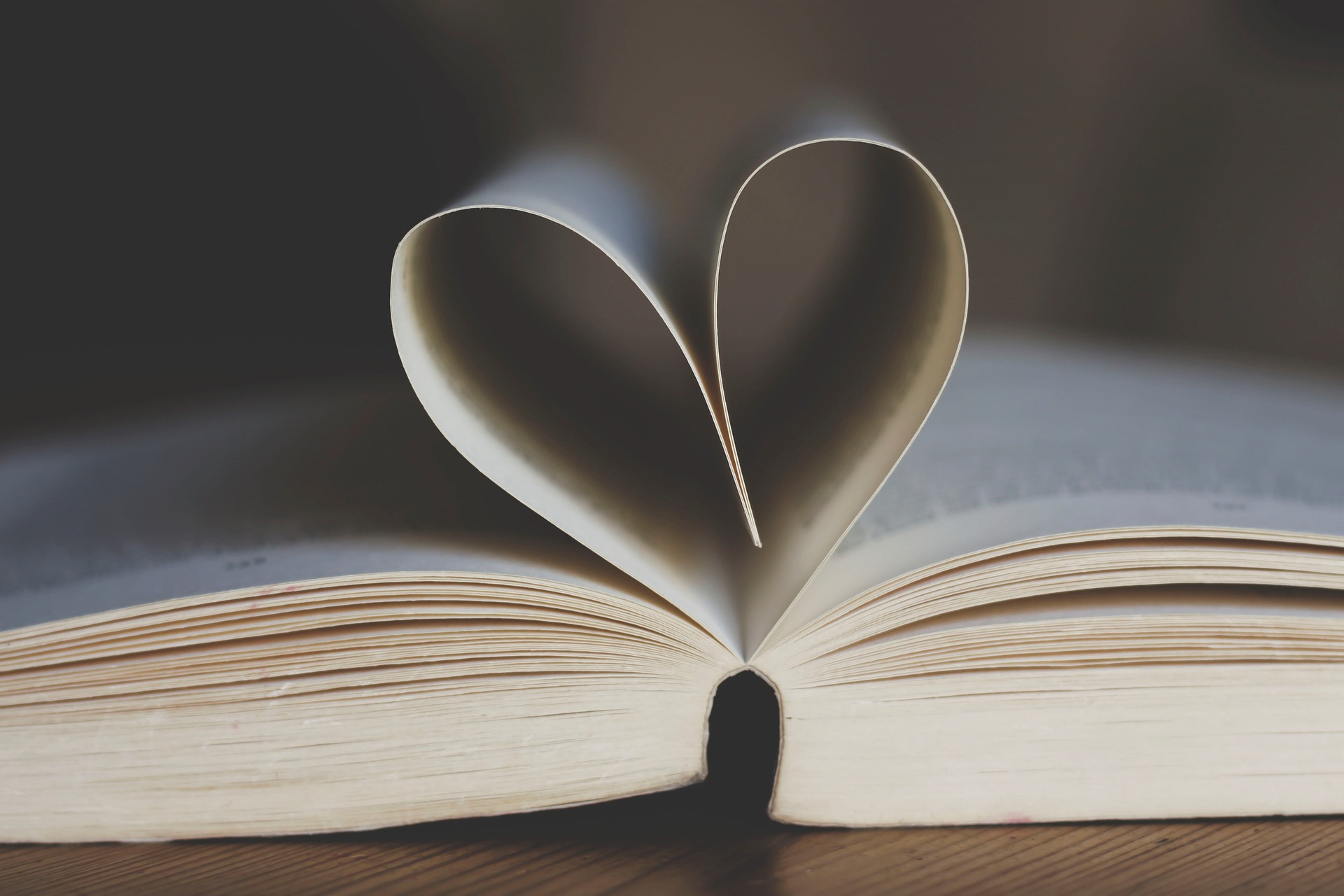 En uppslagen bok, där de mittersta sidornas ytterkanter är böjda in mot mitten så att de formar ett hjärta.
