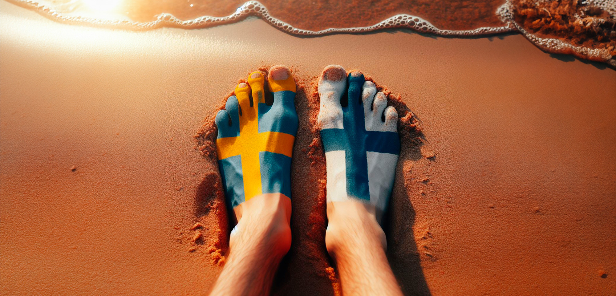 Två fötter på en strand den vänstra målad som svenska flaggan och den högra som finska flaggan