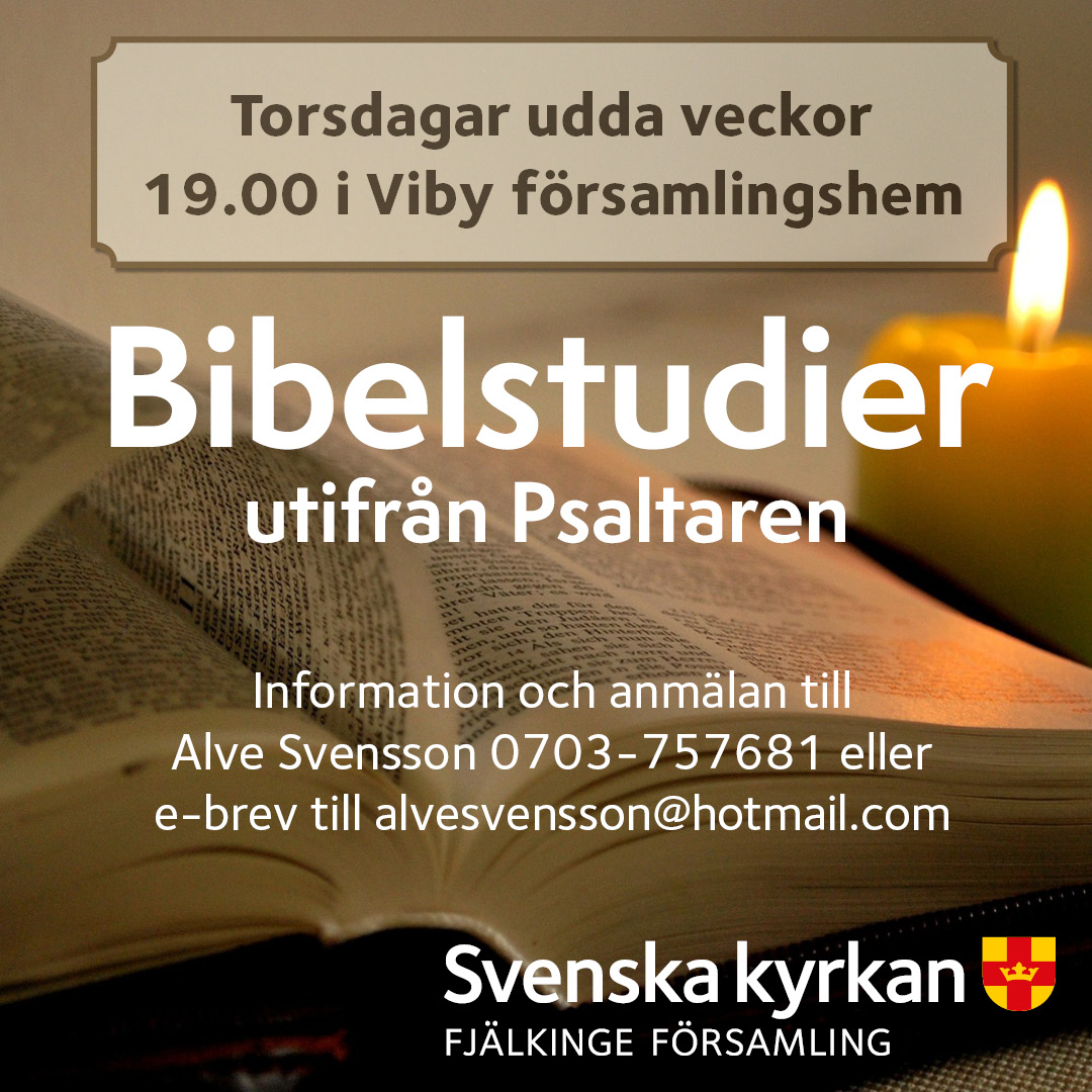 Uppslagen bibel, tänt levande ljus i bakgrunden med text Torsdagar udda veckor 19.00 i Viby församlingshem.