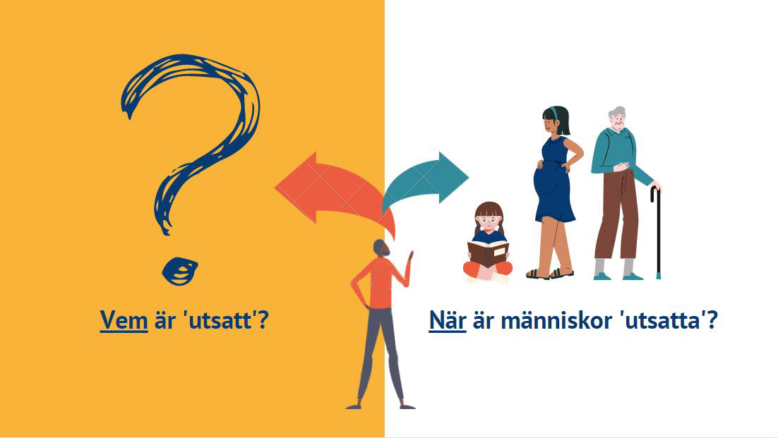 Tvådelad grafik med två frågor. Till vänster står det "Vem är utsatt?" och till höger står det "När är människor utsatta?". På bilden är det även en människa avbildad som funderar över frågan och tre människor i olika generationer som symboliserar olika människor. 