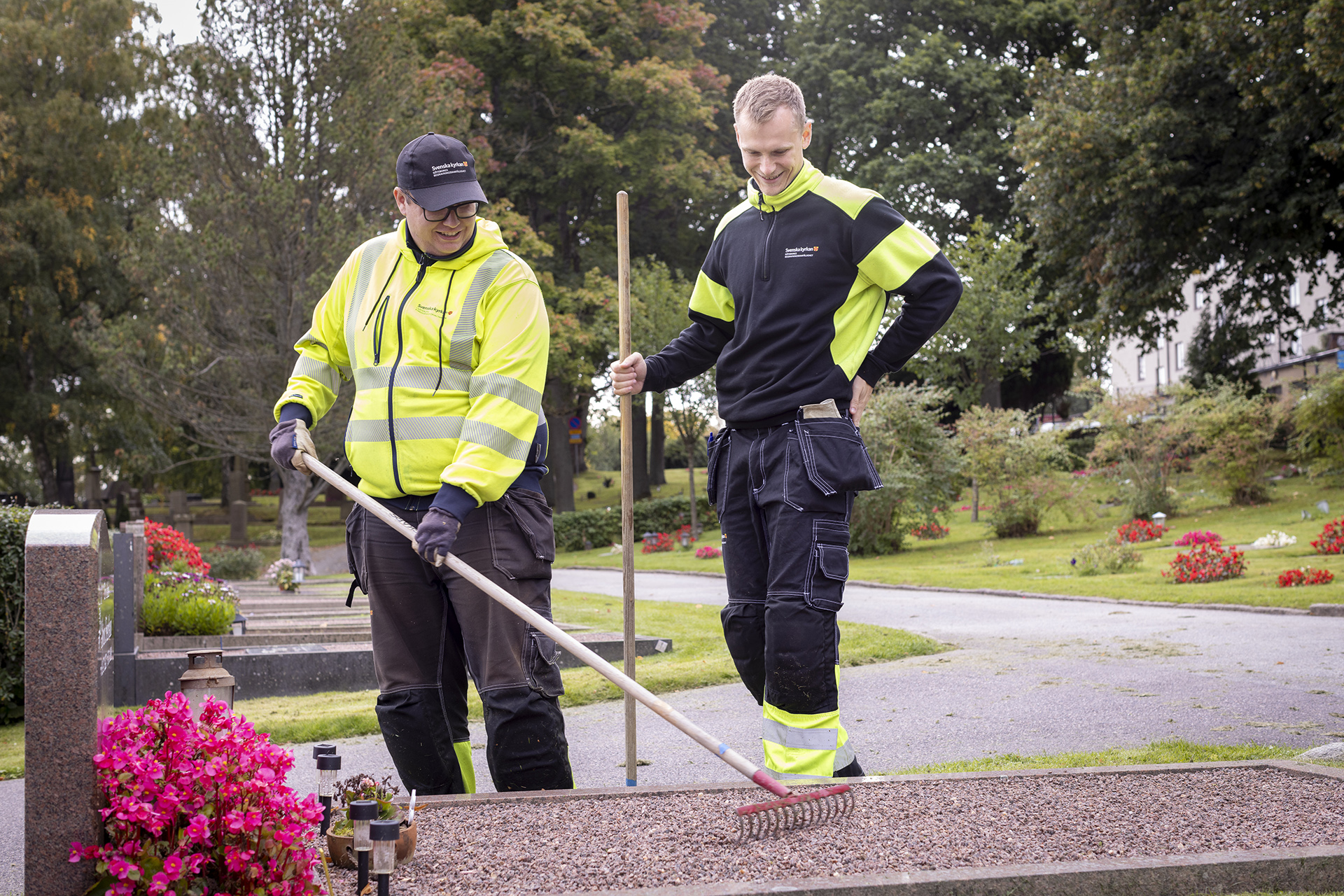 Två män i varselkläder och med krattor vid en gravplats med gravsten och rosa blommor.