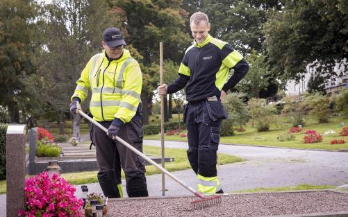 Två män i varselkläder och med krattor vid en gravplats med gravsten och rosa blommor.