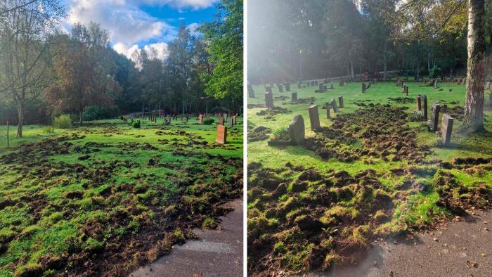 Kyrkogård med gravstenar uppbökad