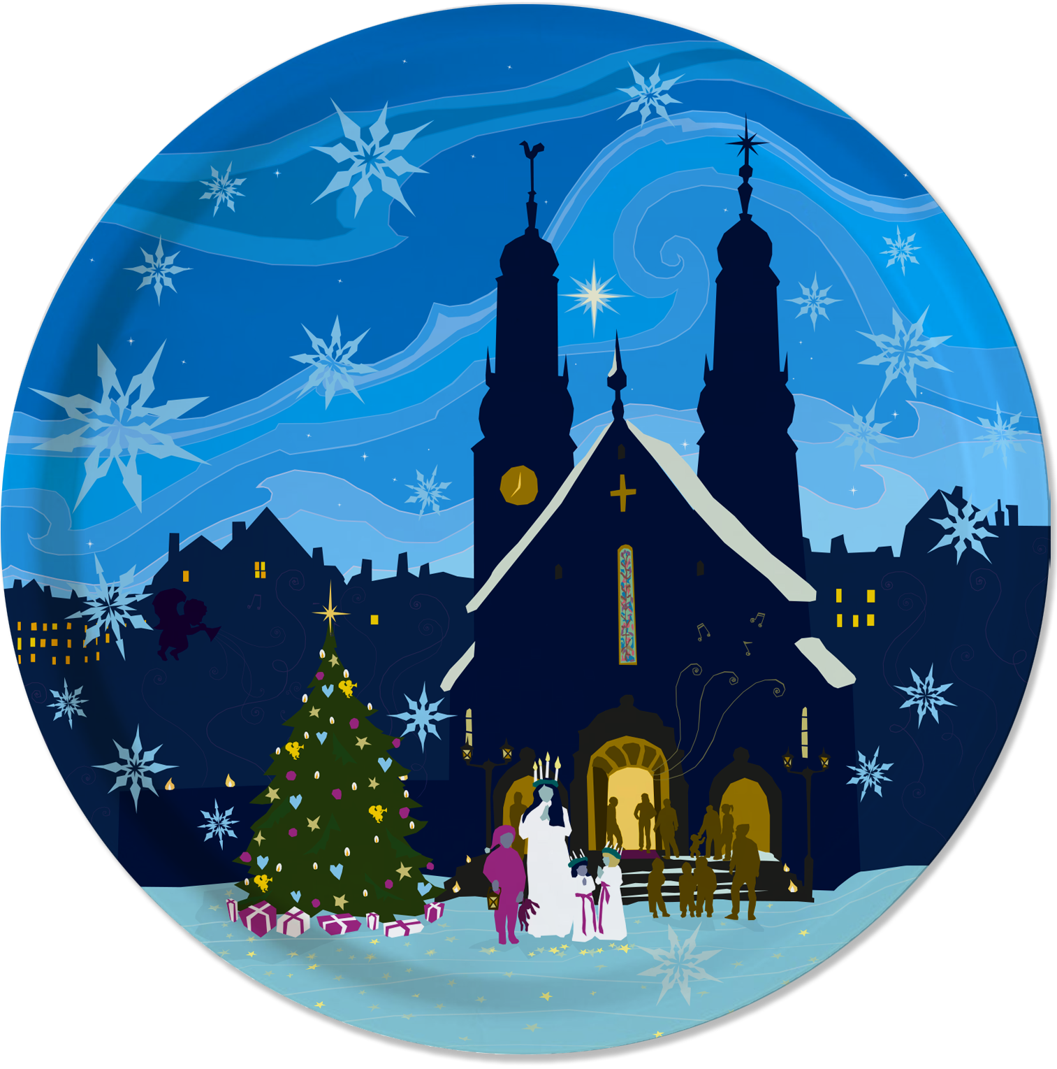 Cirkelformad bricka med tecknat och färglagt motiv av Högalidskyrkan med omnejd, vintertid med ett litet luciatåg och en tomtenise. 