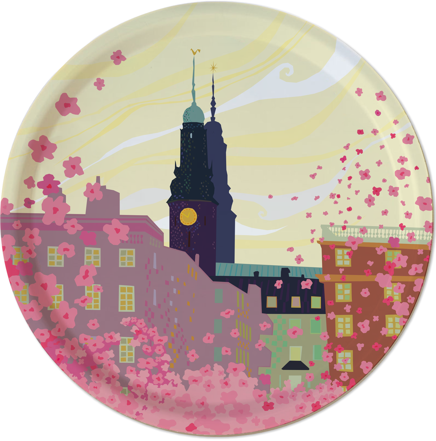 Cirkelformad bricka med tecknat och färglagt motiv av Högalidskyrkan med omnejd, och ett stort antal rosa körsbärsblommor och blomblad.