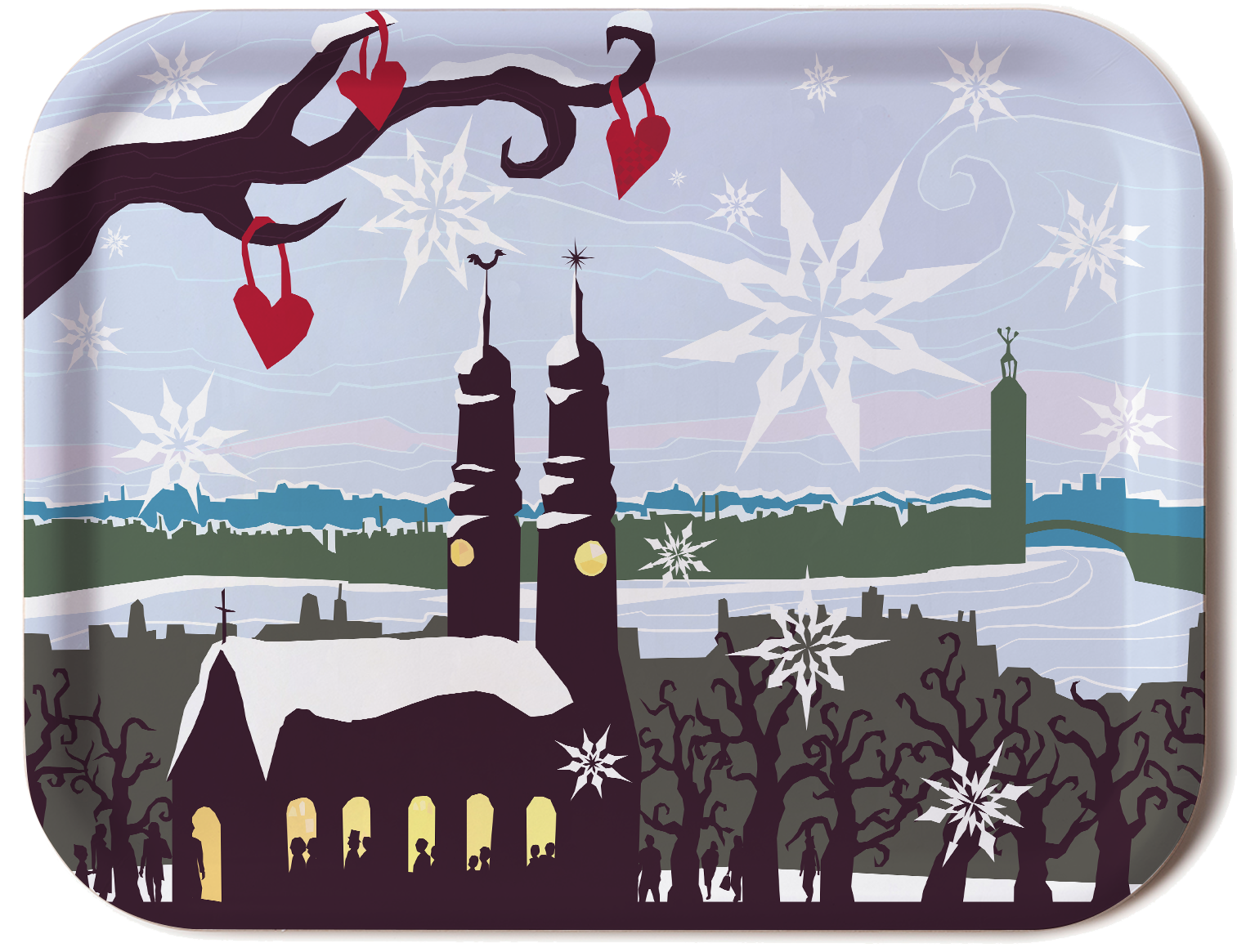 Rektangulär bricka med tecknat och färglagt motiv av Högalidskyrkan med omnejd, vintertid med tre hjärtan hängande i ett träd. 