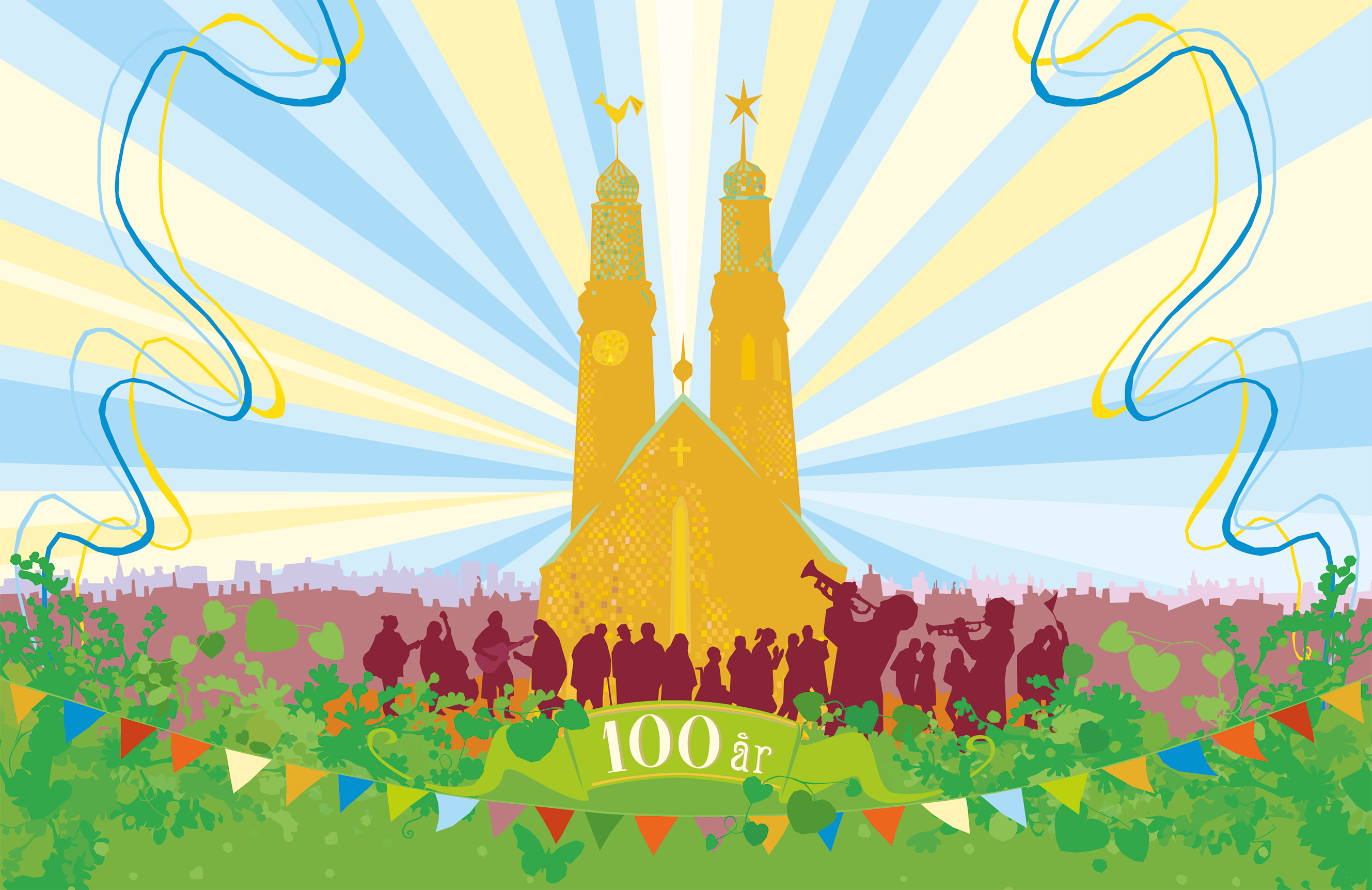 Illustration visar Högalidskyrkan, gula och blå strålar, folksamling, grönska och färgglada vimplar. 