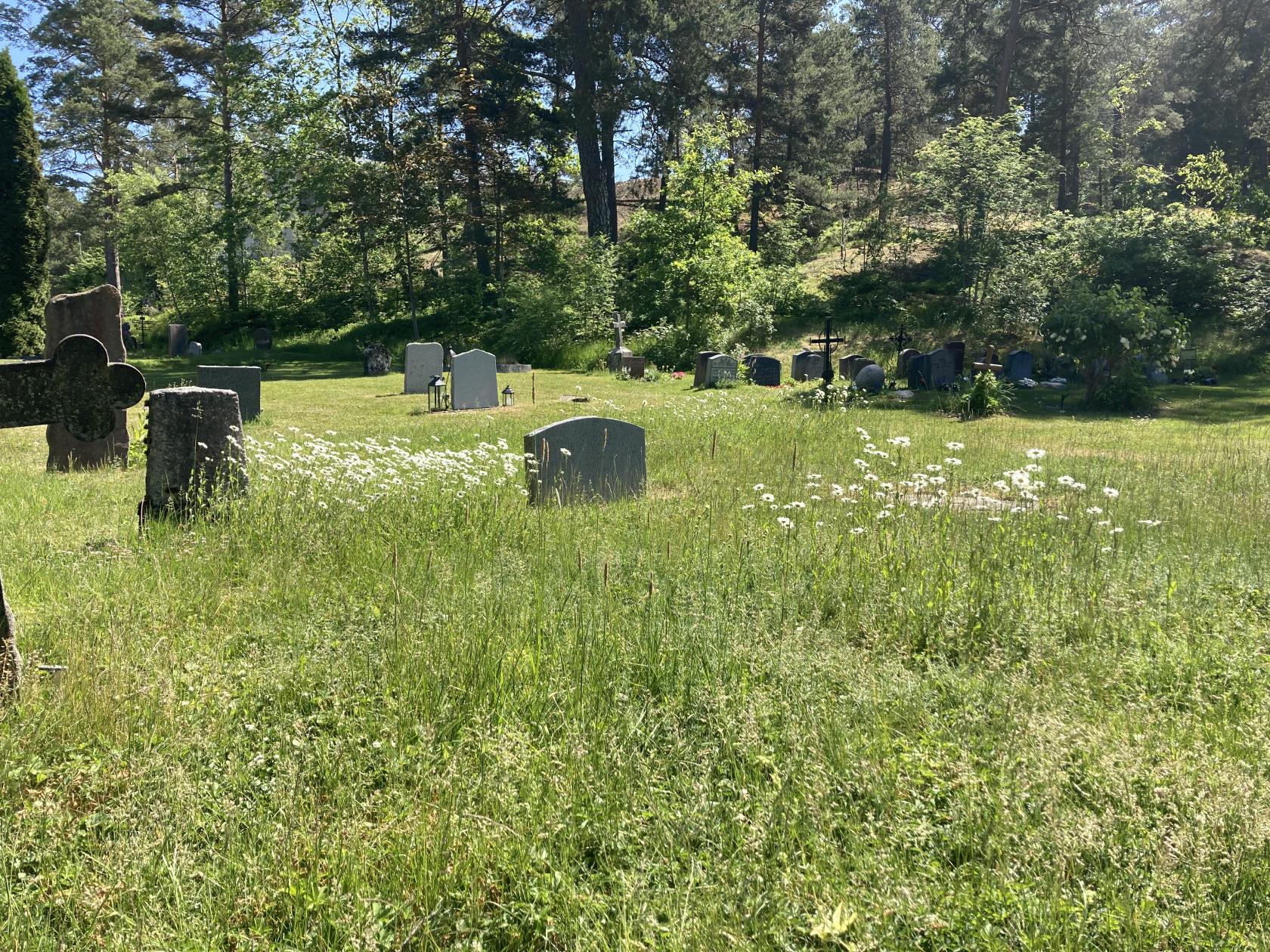 Vaxholms nya kyrkogård med bild på gravar och prästkragar.