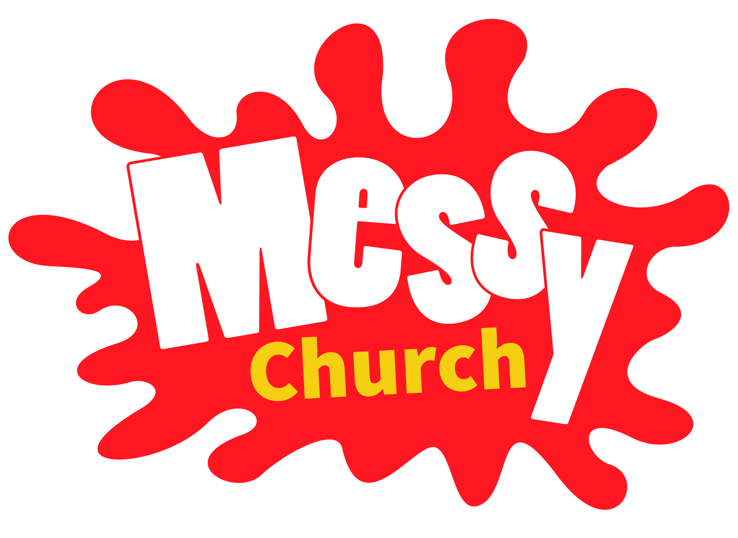 logo röd botten som en färgklick på den i vit text Messy , gul text church
