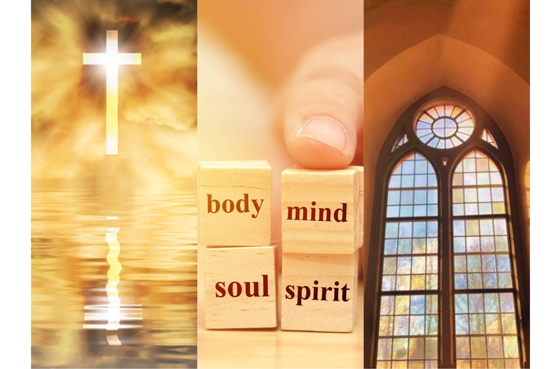 tre bilder : kors i bild av vatten och moln, body mind soul spirit klossar,  solljus strömmar in från ett kyrkfönster