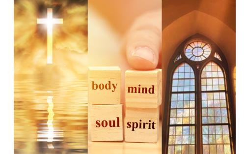 tre bilder : kors i bild av vatten och moln, body mind soul spirit klossar,  solljus strömmar in från ett kyrkfönster
