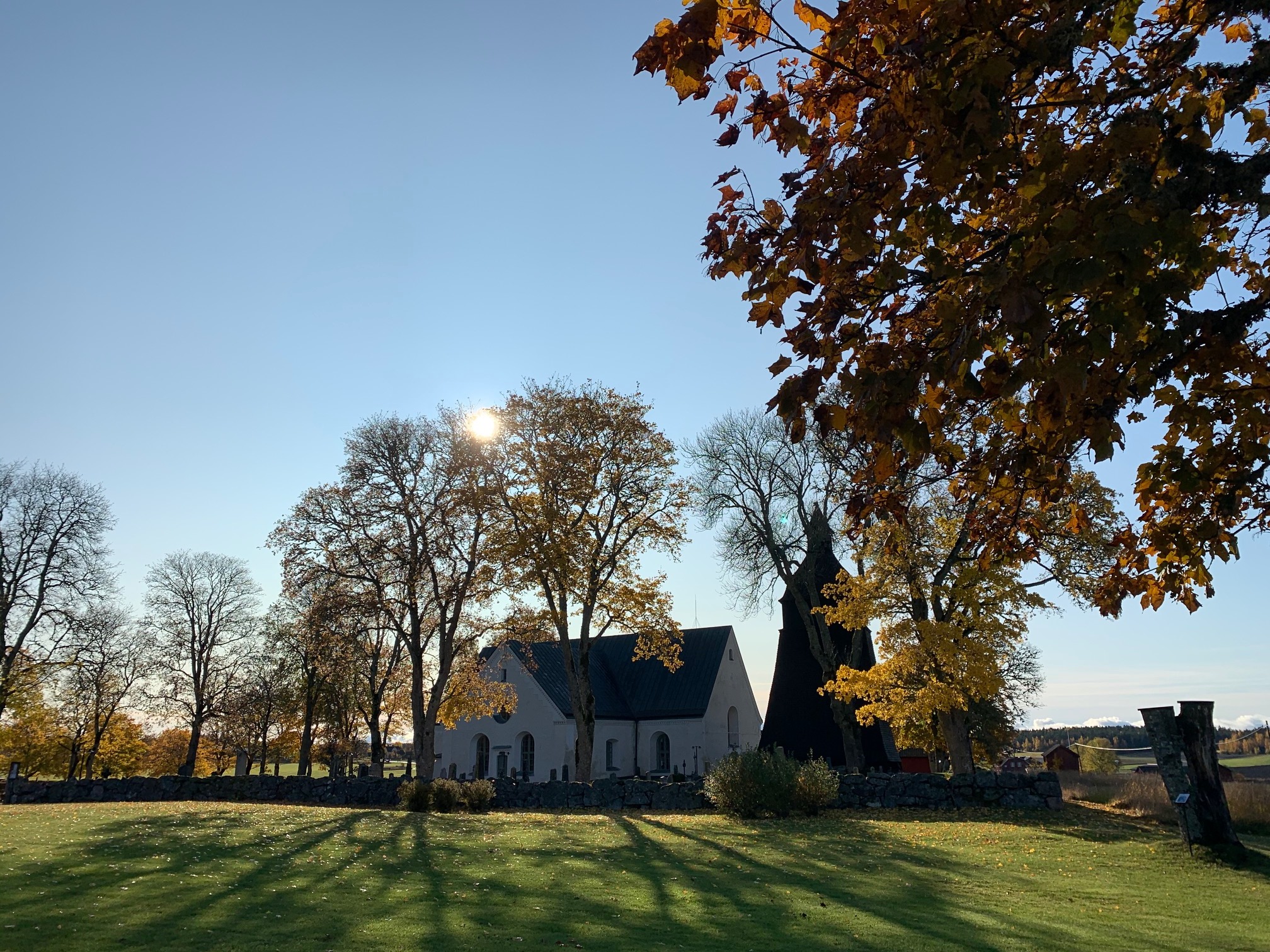 En vit liten kyrka sedd på håll med höstträd omkring och solen i en trädtopp.