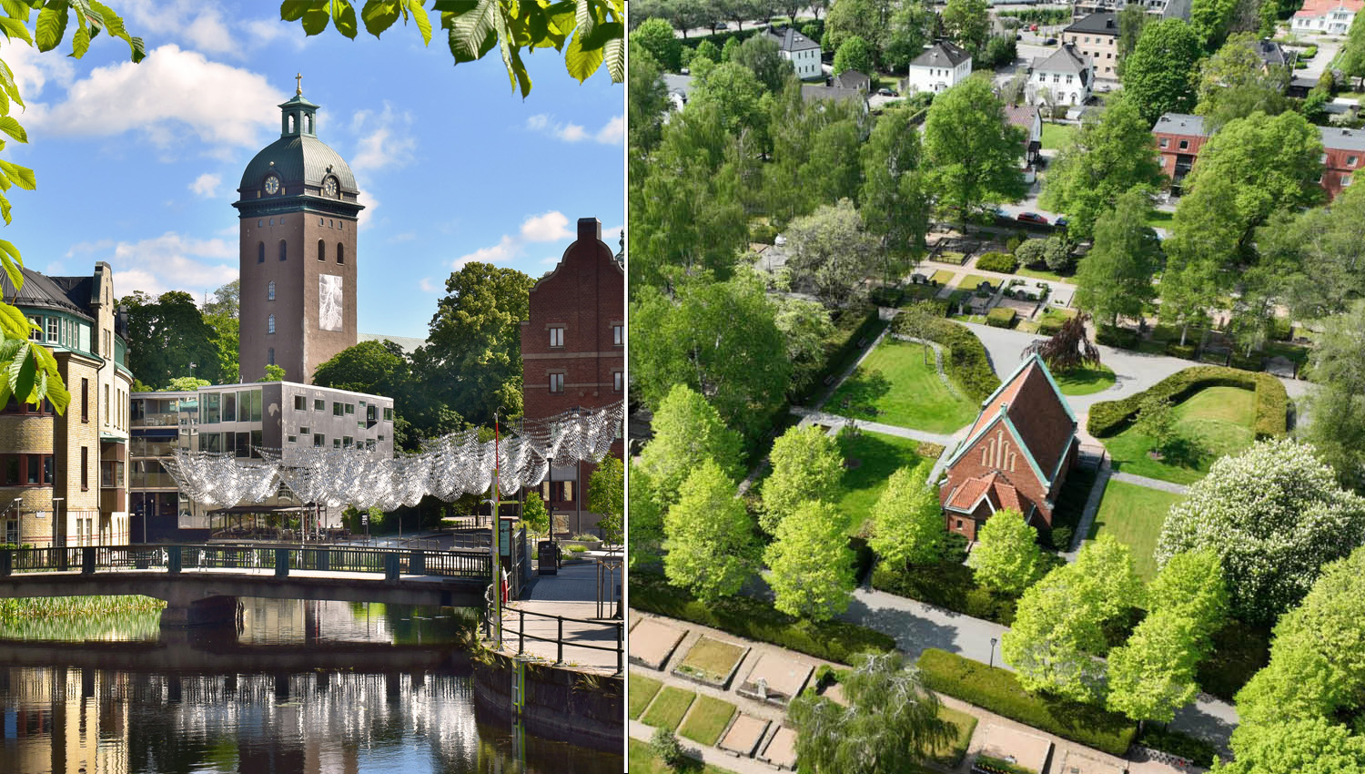 Kollage med två bilder, kyrka i stadmiljö och kyrkogård sedd från luften.