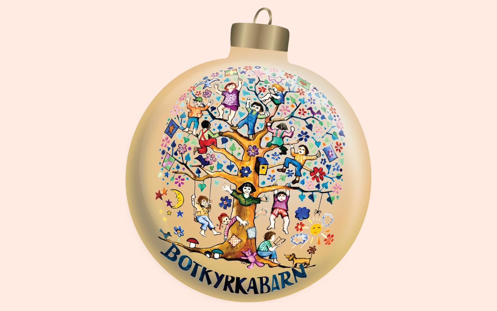 En illustrerad julgranskula i gul. På kulan finns illustrationen för vår insamling Botkyrkabarn