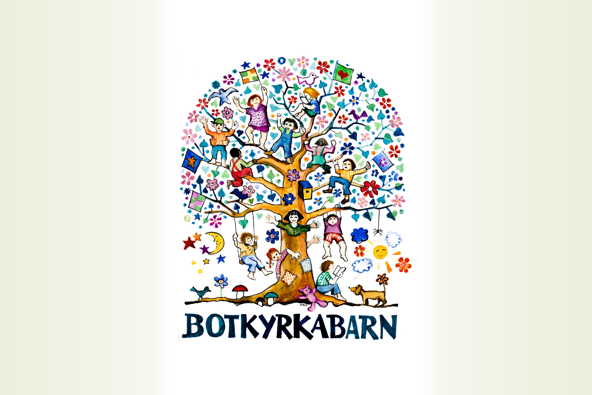 Illustration av en färgglatt träd, fullt av barn. Nedanför trädet står det "Botkyrkabarn". 