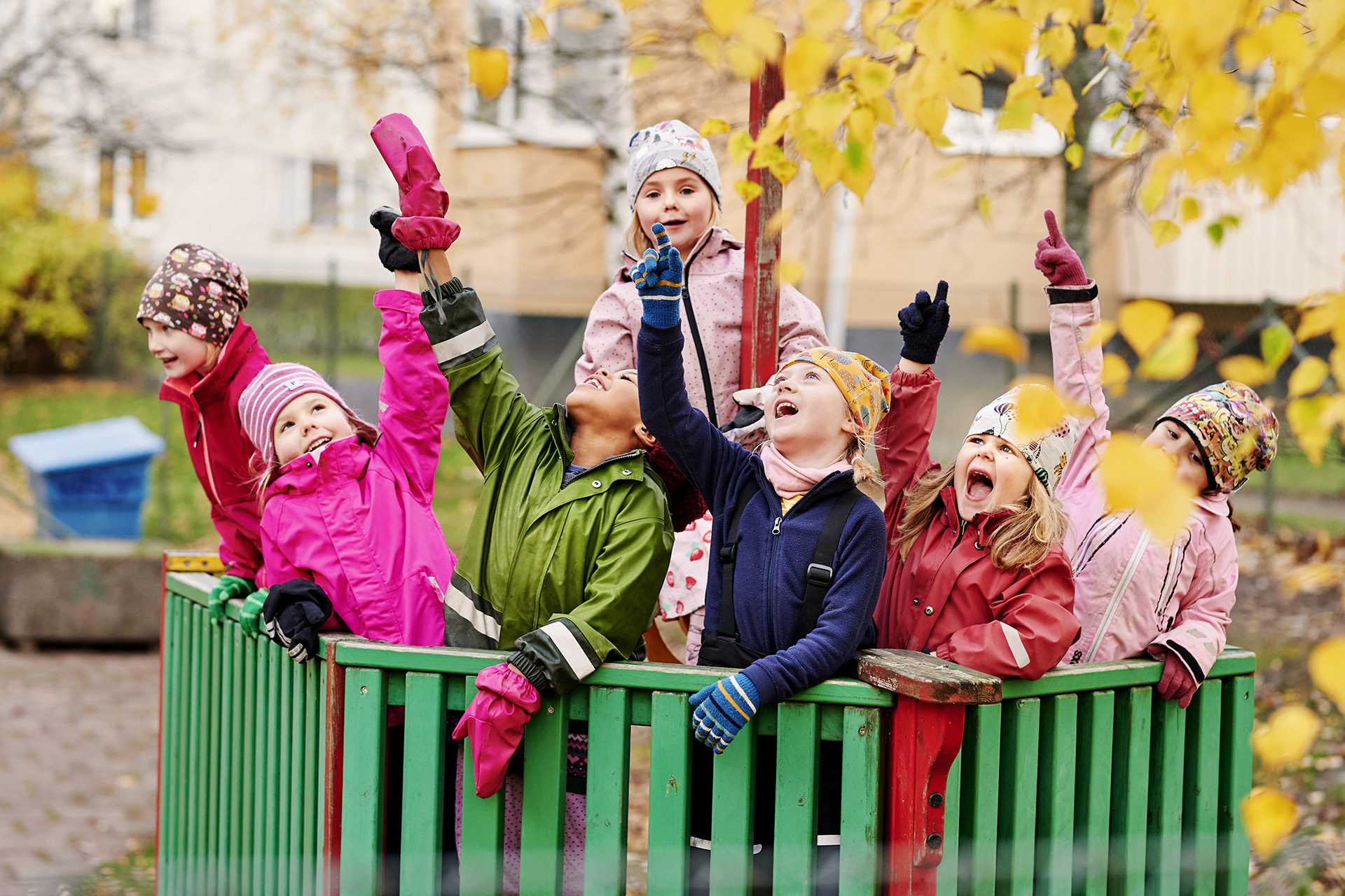 En grupp barn i sprakande gul höstlövsmiljö pekar mot himlen och ser glada ut.
