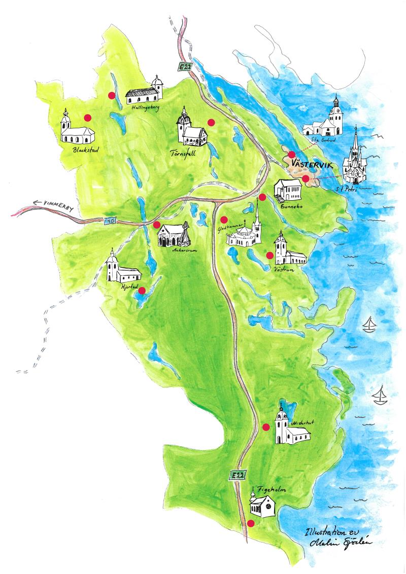 Målad Illustration med karta över kyrkorna som  ingår i pastoret