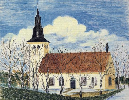 Näskotts kyrka, akvarell av Birigt Söderström 1985.