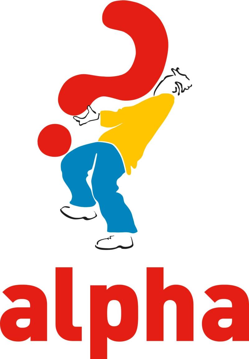 Alphakurs logotyp, en människa bär ett frågetecken