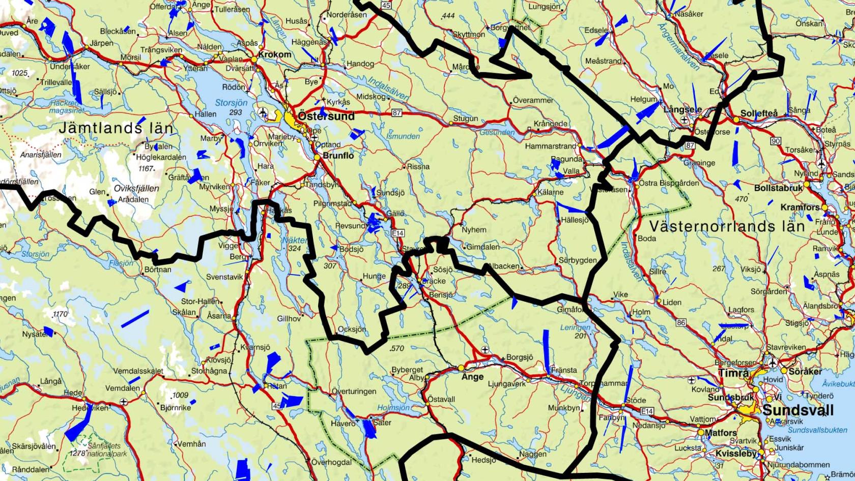 Karta över de fyra skogvaktardistrikten i Härnösands stift