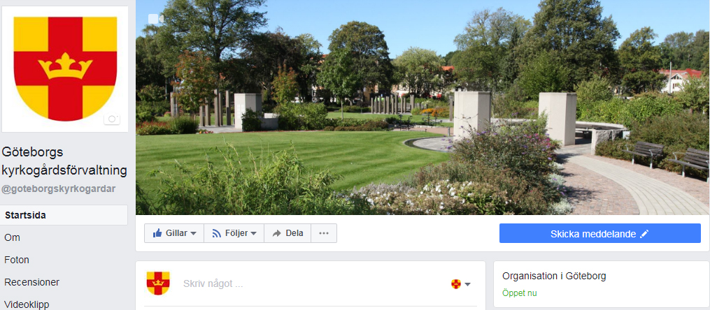 Kyrkogårdsförvaltningens startsida på Facebook med bild på gravlund på Östra