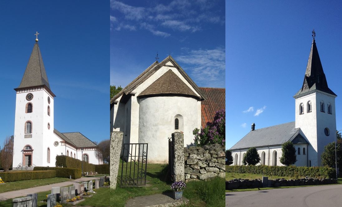 Collage av kyrkorna i Hemmesjö-Furuby församling: Hemmesjö kyrka, Hemmesjö gamla kyrka och Furuby kyrka.