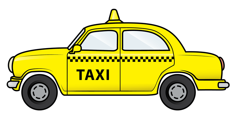 Tecknad gul taxibil med svart text.