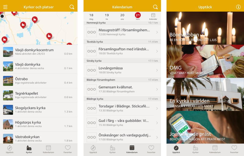 Skärmbilder från appen Kyrkguiden.