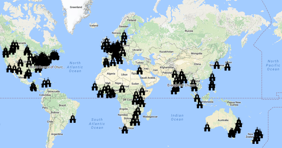 Världskarta med kyrkor