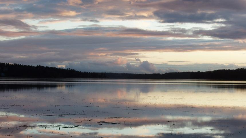 Skymning, vatten, himmel och skog. 