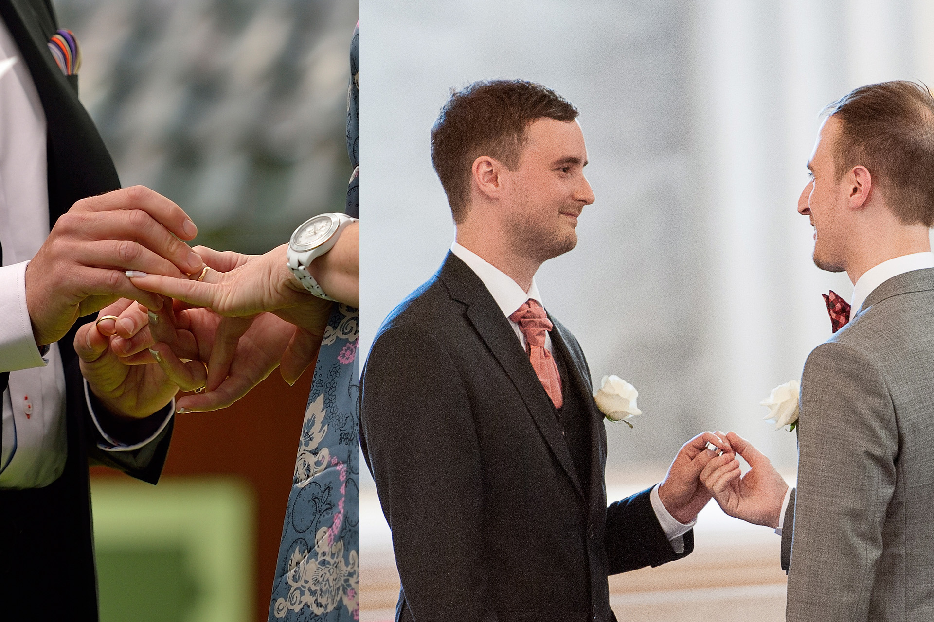 Collage med två bilder: närbild på två händer som byter ringar och bild på två personer som håller i en ring under ett bröllop. 