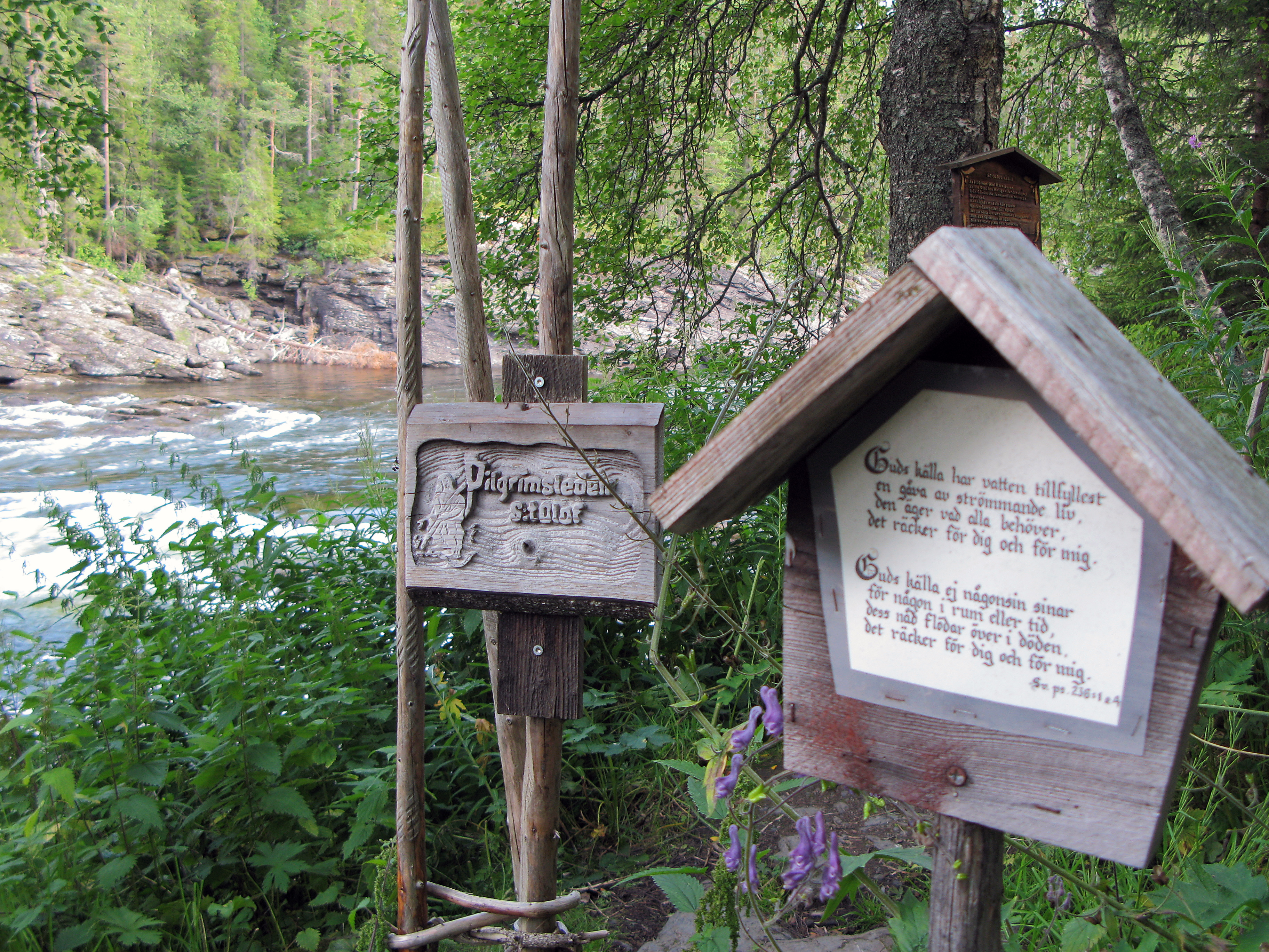 På en snidad träskylt vid en fors står det Pilgrimsleden S:t Olof.