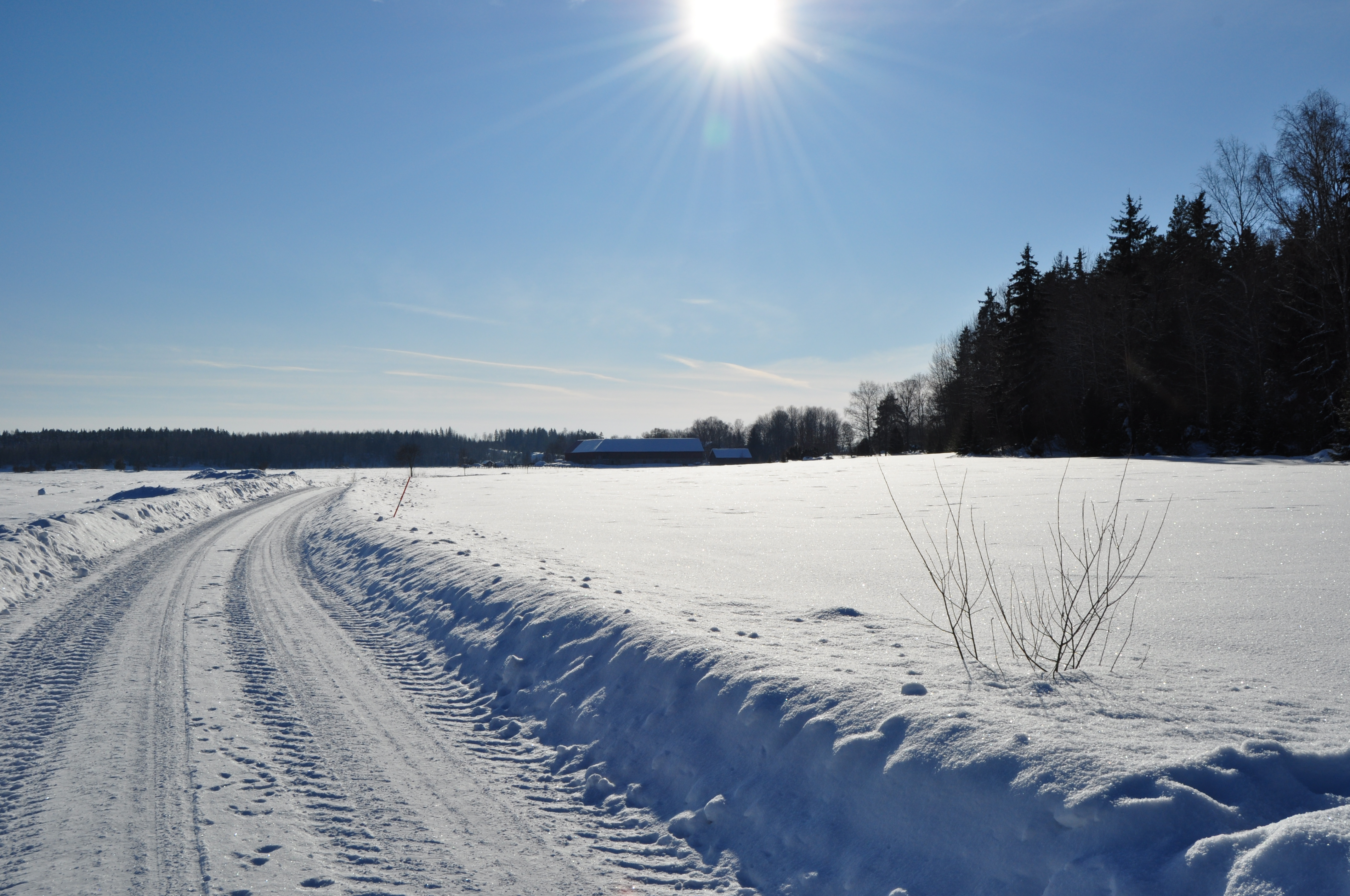 En plogad väg i snön en solig vinterdag.