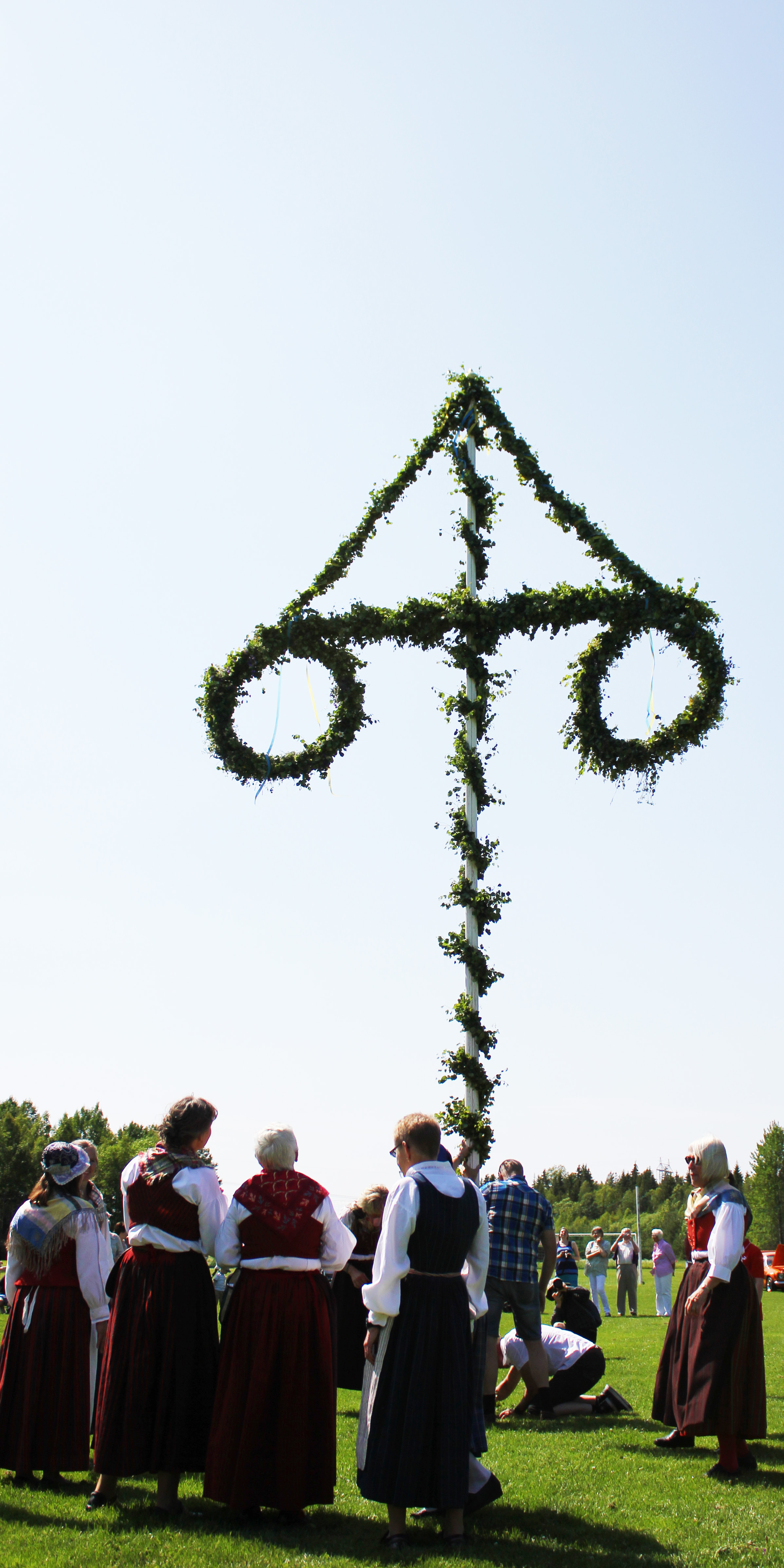 Människor i folkdräkt samlade runt en midsommarstång.