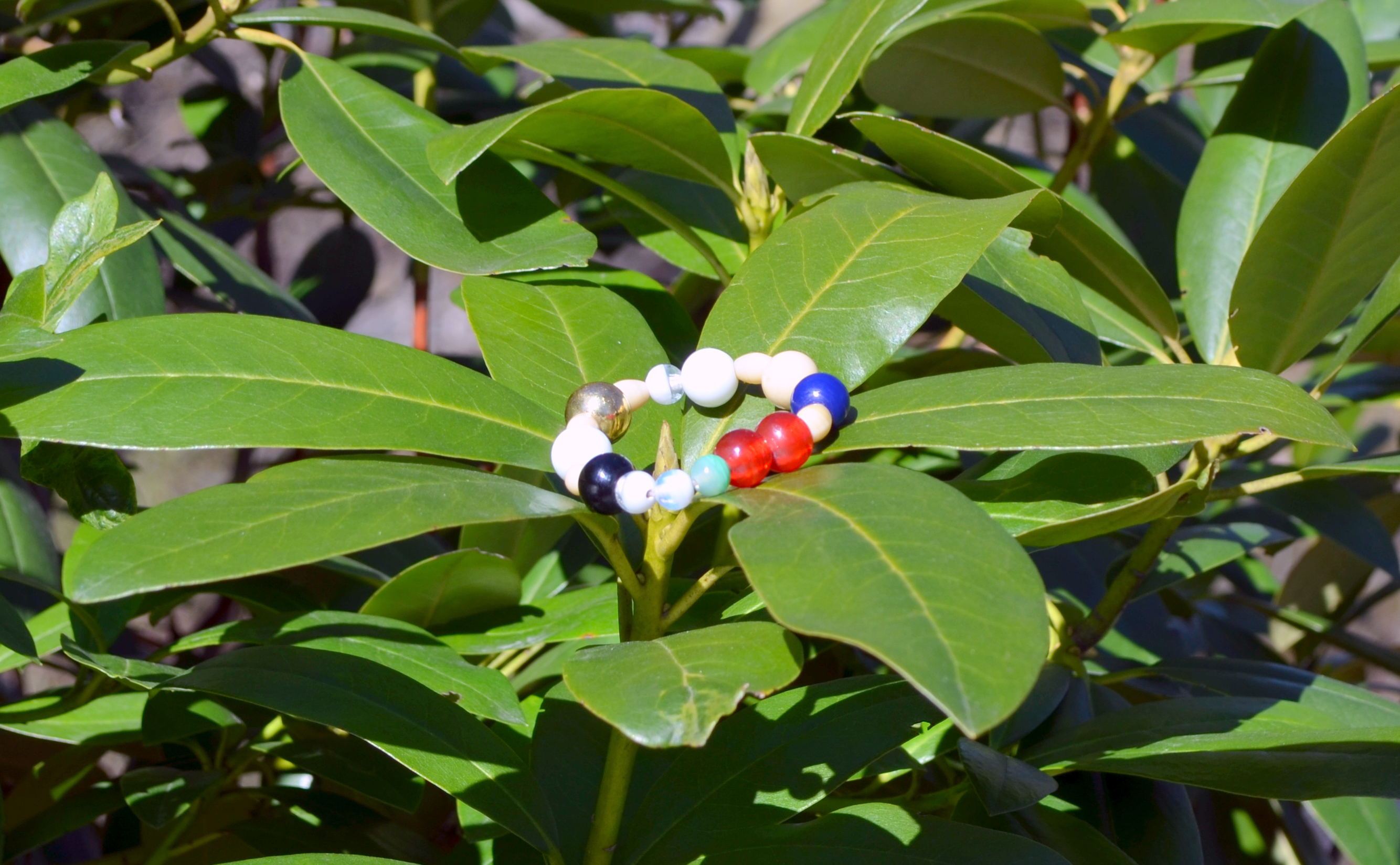 Ett pärlarmband med pärlor i olika färger och former ligger på en grön växt i solen.