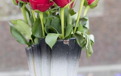 En bukett röda rosor i en vas på en grav.
