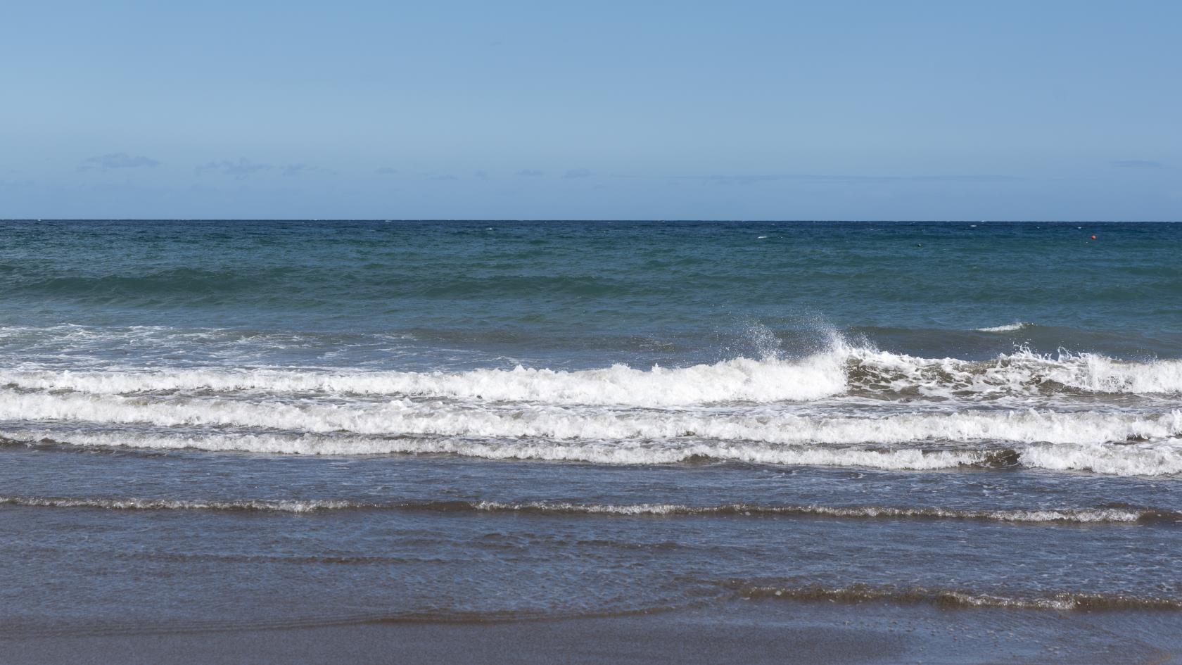 Vågor vid en sandstrand.